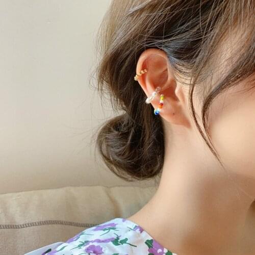 MENGJIQIAO Korean Fashion Colorful Beads Ear Clips For Women 3pcs/set Elegant Pearl No Piercing Fake Cartilage Ear Jewelry