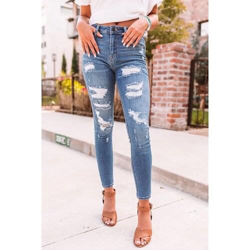 2021 Street Style Sexy Mid Rise Distressed Trouser Stretch Skinny Hole Denim Pencil Pants Light Blue Ripped Jeans for Women