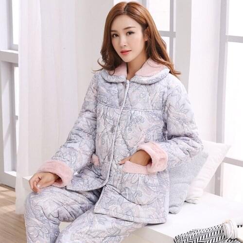Women Winter Warm Pajama Set Splice Lovely Three-layer Thick Cotton Flannel Warm Sleepwear Home Wear Clothes Suit for Female 3XL
