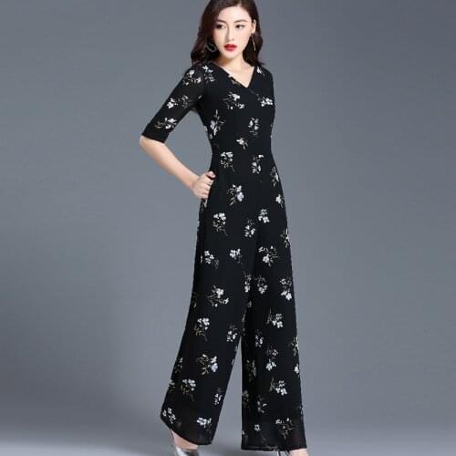 2020 Summer Jumpsuit for Women Party High Street Rompers Chiffon Floral Elegant Black Wide Leg Full Length Suit Plus Size 4XL