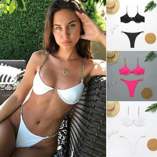 Women Sexy Metal Chain Strap Bikini Set 2 Pieces Solid Color High waist Thong Swimsuit for Beach Swimming Pool