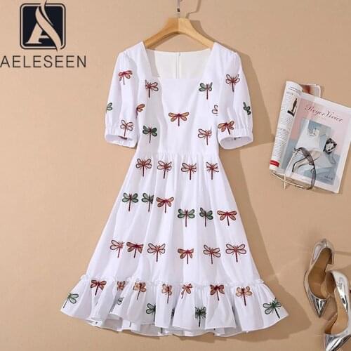 AELESEEN Runway Fashion Summer Dress Women Short Lantern Sleeve Square Collar Dragonfly Embroidery White Elegant Ruffles Dress