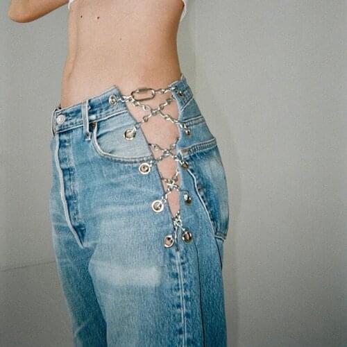 2020 Womens Irregular Split Hole High Waist Jeans Womens Straight Pants Sexy Chain Stitching Jeans Streetwear Womens Jeans