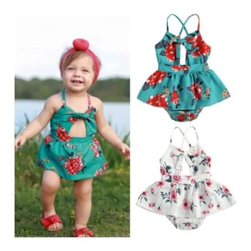 2021 New Toddler Baby Flower Printing Bodysuits Clothes Infants Sleeveless Halter Jumpsuit High Waist Beachwear Clothing