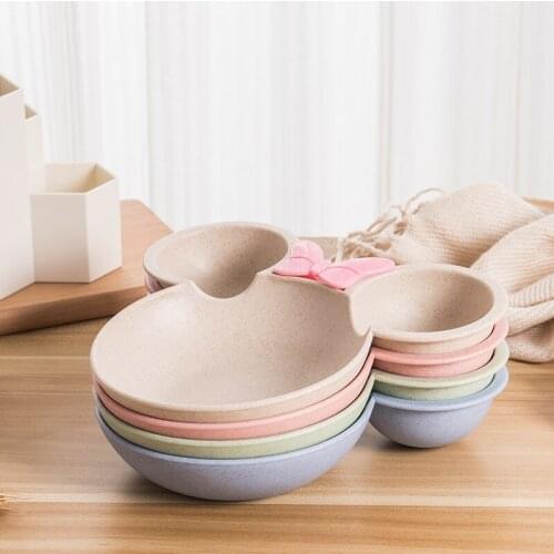 3pcs Wheat Straw Baby Cartoon Tableware Set Childrens Dishes Kids Dinner Platos Baby Feeding Plate Training Bowl Spoon Fork