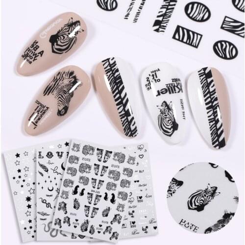 1 Sheet Black Leopard Serpentine Love Heart Design 3D Nail Stickers Snake Print Geometric Patterns Nail Art Decoration Manicures