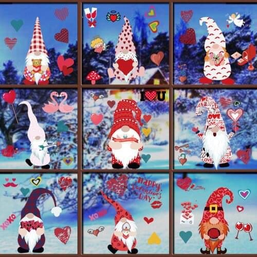 9 Sheets Valentines Day Gnome Window Door Glass Static Stickers Clings Decals for Home Shop Bar Party Decoration 20x30cm