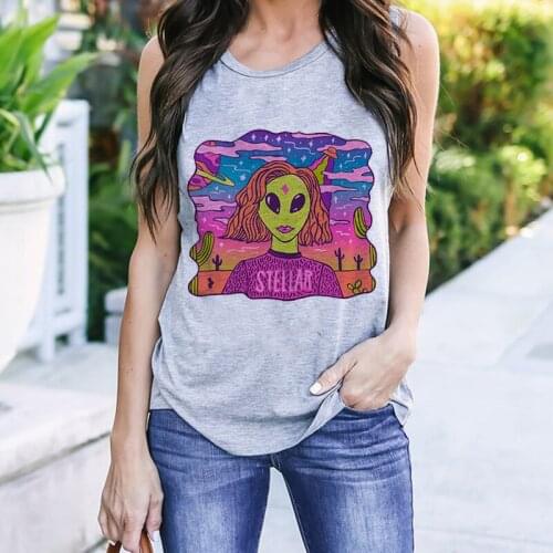 Tank Tops Camisole Women 2020 ET Alien Print Vest T-shirt Vintage Streetwear Harajuku Casual Sleeveless Large Size Gray S-XXL