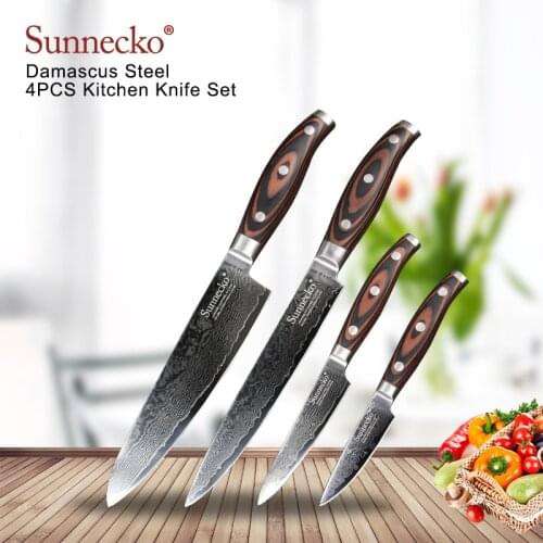 SUNNECKO 4PCS Kitchen Utility Chef Knife Set 73 Layer Damascus VG10 Steel Razor Sharp Pakka Wood Handle X-mas Gift Cutting Tools