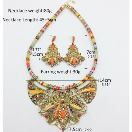 Bohemian Necklace Earring Set Chunky Enamel Multicolor Pendant Vintage Rhinestone Ethnic Choker Necklace Eardrop Dangler B03B