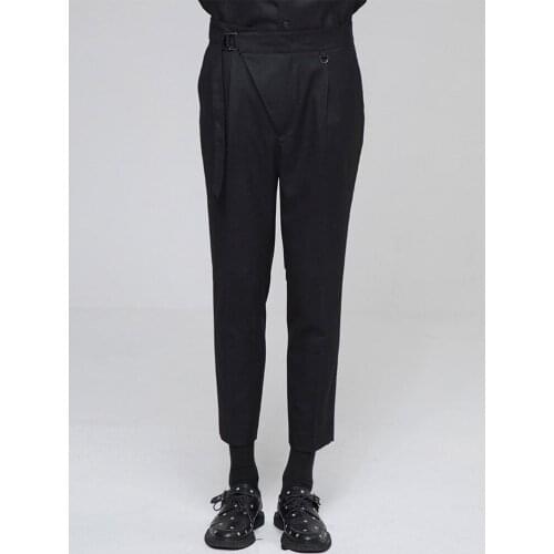 Spring and autumn mens new hair stylist fashion street belt nine solid color slim pencil pants trend young slim trousers