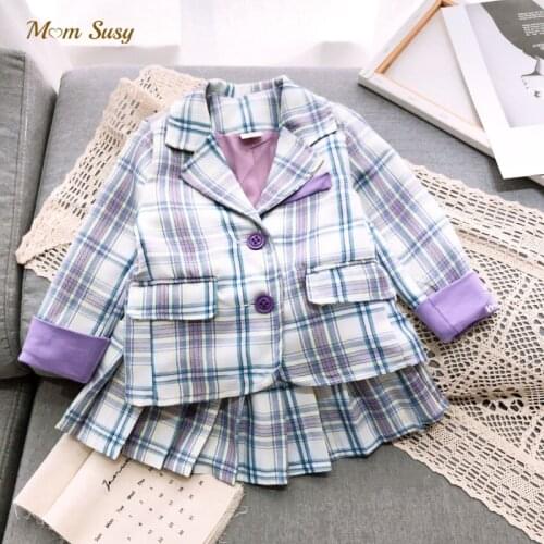 Baby Girl Formal Plaid Clothes Set Jacket+Pleated Skirt 2PCS Child Clothes Suit Outfit Autumn Spring Kids Uniform Clothes 2-16Y