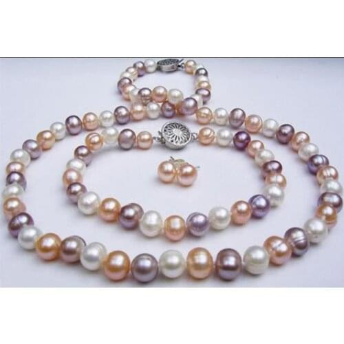 Natural 8-9mm mixed-colour pearl Necklaces Bracelets Earrings sets 18"7.5"