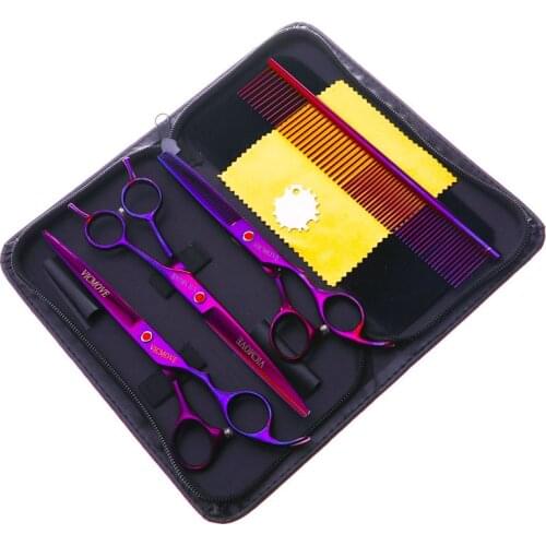 7" Professional Hair Scissors Salon Barber Hairdressing Shears Haircut Tool Kit+Comb 4Pcs/Set For Pet Grooming Purple style