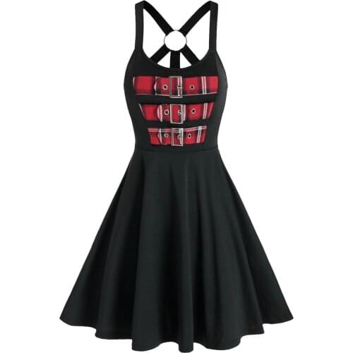 Wipalo Gothic Punk Vintage Dress Plus Size Colorblock Plaid Buckles Back O Ring Flare Dress Sleeveless Casual Mini Dress Vestido