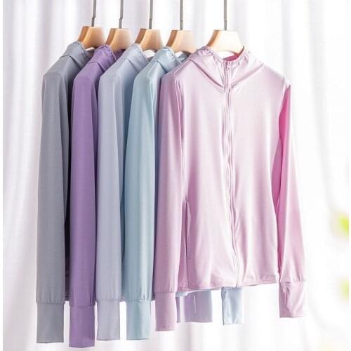 Spring Summer Solid Sun Protection Clothing Women Ice Silk Long-sleeve Hooded Sunscreen Shirt Female Thin Breathable Coat Y319
