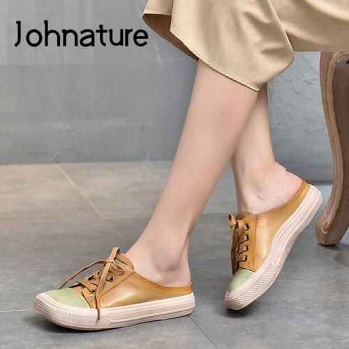 Johnature Summer Shoes Women Slippers Mixed Colors Outside Slides 2021 New Leisure Flat With Handmade Concise Ladies Slippers