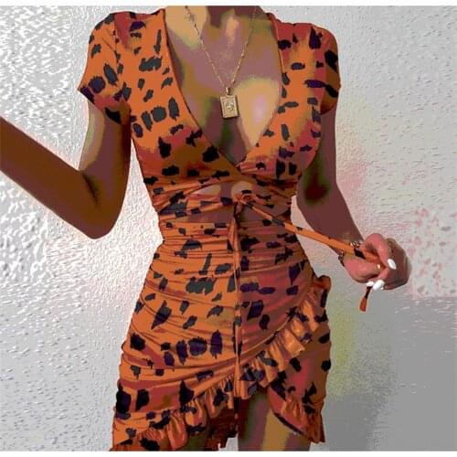 Sexy Ruffle Leopard Print Mini Dress Women Summer Bodycon Corset Dress V Neck Strappy Holiday Beach Dress Short Sleeve Dresses