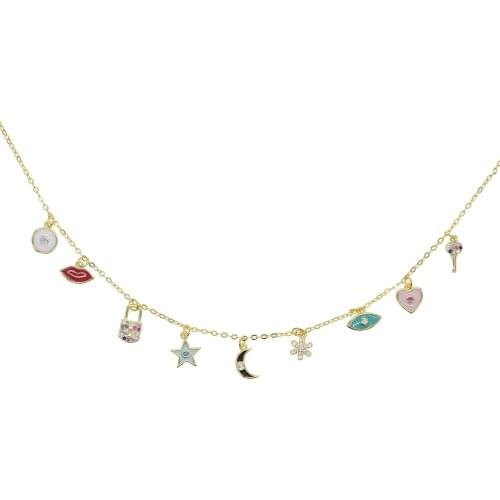 2021 NEW Summer Cute Enamel Colorful Clip/Moon /Star/Flower/Star Eye/Lock /Key Shape Pendnat Necklace For Women Wedding Gift