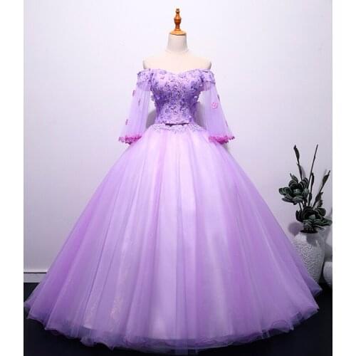 New Quinceanera Dresses 2021 With Flowers Purple Party Prom Half Sleeve Sexy V-neck Ball Gown Luxury Vintage Vestidos De Fiesta