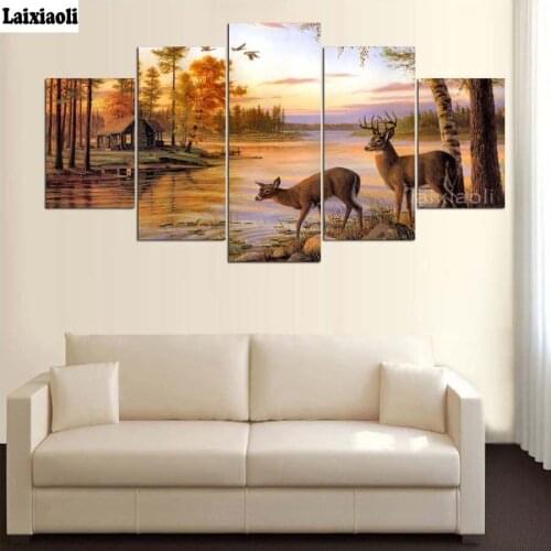 5pcs,Diamond Embroidery elk 5D DIY Diamond Painting deer,Forest,lake,Diamond Painting Cross Stitch antumn scenic,home decoration