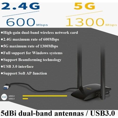Chin-Firmare 5dBi Ext/ Antennas,USB3.0 AC1900 Wireless Network Card 11AC 1900Mbps DualBand WiFi Adapter 2.4G 600Mbps 5G 1300Mbps