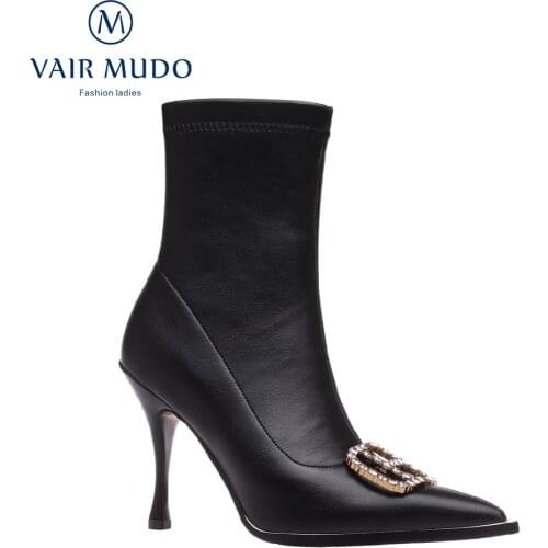 VAIR MUDO Spring Autumn Ankle Boots Shoes High Thin Heels Pointed Toe Black Genuine Leather Concise Solid Elegant Shoes DX74L