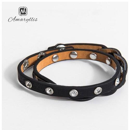 Amaiyllis Punk Rivet Rhinestone Cuff Bracelet Rope Bangle For Women & Men Simple PU Wristband Braided Bracelet Bangle Pulseras