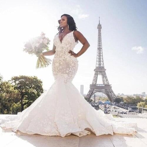 Long Mermaid Wedding Dresses 3d flower Lace Appliques Sweep Train Plus Size Bride Wedding Gowns Custom Made