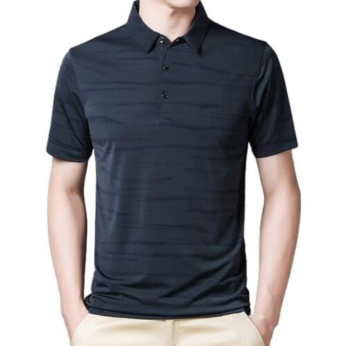 T-shirt Turn Down Collar Striped Summer Men Short Sleeve Thin Shirt Top for Work