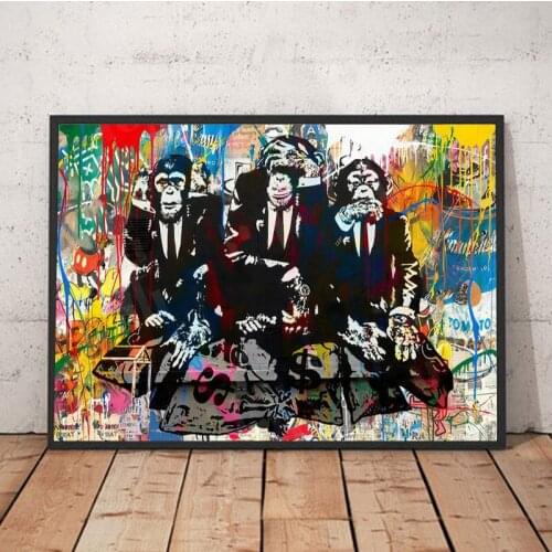 Three Wise Monkey Canvas Painting Wall Art Graffiti Street Art Picture For Living Room Funny Thinking Monkey Poster Home Decor