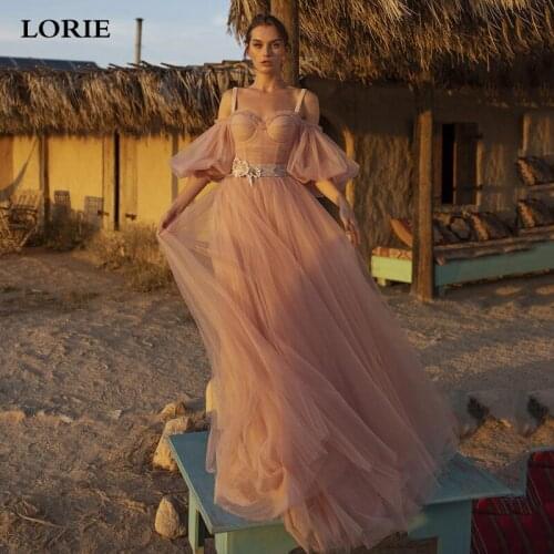 LORIE Dusty Pink Wedding Dresses Off Shoulder A-Line Short Sleeves Corset Wedding Gown Bride Dress 2021 robe de mariee vintage