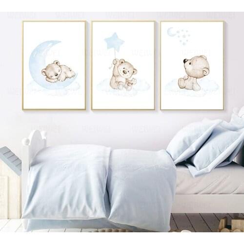 Moon Star Bear Child Wall Poster Canvas Art Print Simple Cartoon Painting Nordic Kids Decoration Picture Baby Boy Bedroom Decor