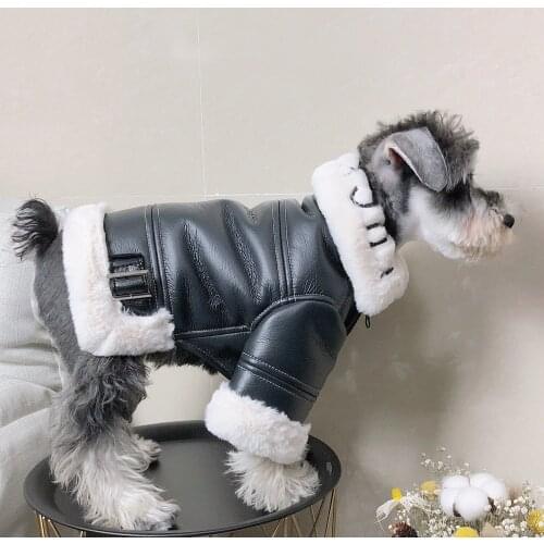 Fashion Pet Dog PU Jacket Winter Warm Fur Collar Coat For Small Medium Dogs Schnauzer Frenchie Bulldog Hoodie Doggie Clothes