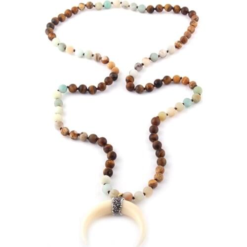 Fashion Bohemian Tribal Jewelry Multi Stone Knotted Ox Horn Moon Pendant Necklace For Women
