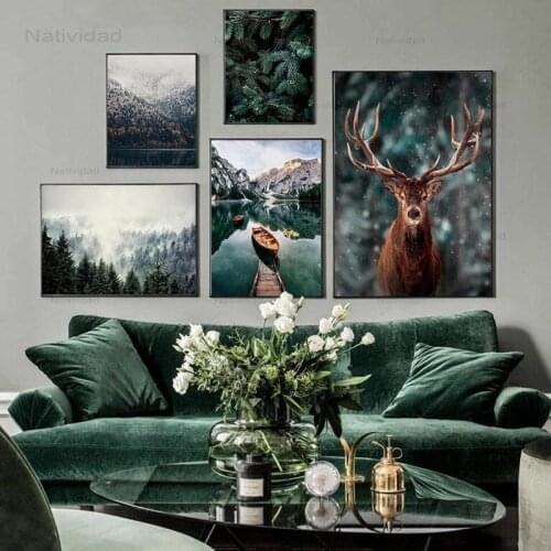 Nordic Fog Forest Deer Animal Canvas Wall Art Print Painting Mountain Lake Landscape Poster Nature Decorative Picture Home New