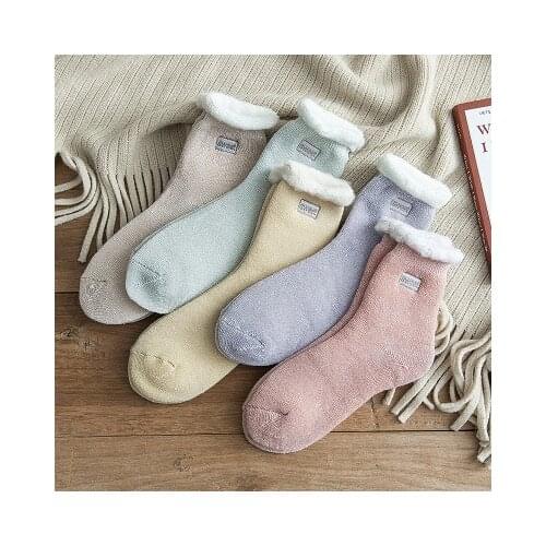 Solid Color Wool Cashmere Velvet Winter Warm Socks for Women Cotton Soft Sleeping Thermal Breathable Villus Loop Mid Socks