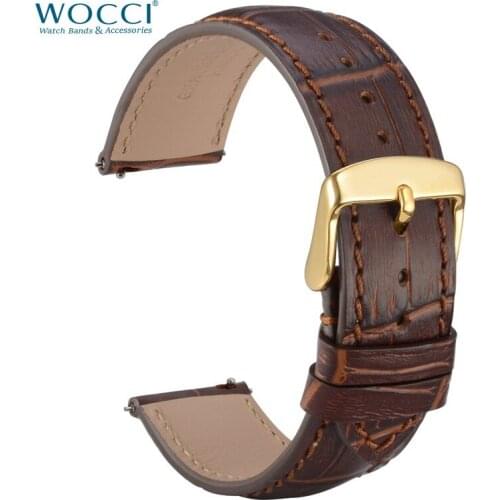 WOCCI Genuine Leather Strap 18mm 20mm 22mm Red Brown with Stitching Gold Buckle Watch Band Italy Bamboo Pattern Belt