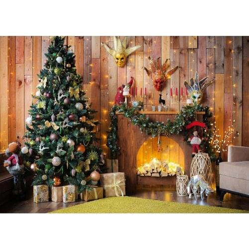 Christmas Tree Gift Wooden Wall Fireplace Photography Background Vinyl Backdrop for Home Children Party Photoshoot Fond Photo