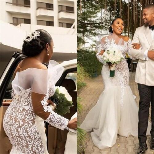 Floral Lace Mermaid Wedding Dresses Sheer Neck Bridal Gown Long Sleeve Vestido De Novia Ruched Garden Custom Made Plus Size