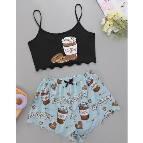 Sexy Sleeveless Crop Vest Elastic Waist Short Pants Pajama Set Cartoon Coffee Print Camisole With Shorts Sleepwear Home Wear