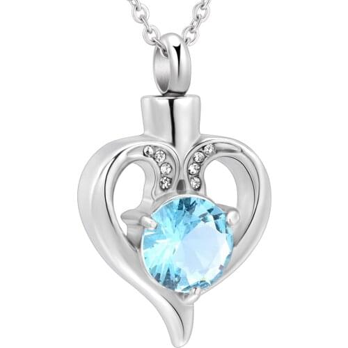 Blue Crystal Heart Memorial Jewelry Stainless Steel Cremation Urn Pendant Necklace
