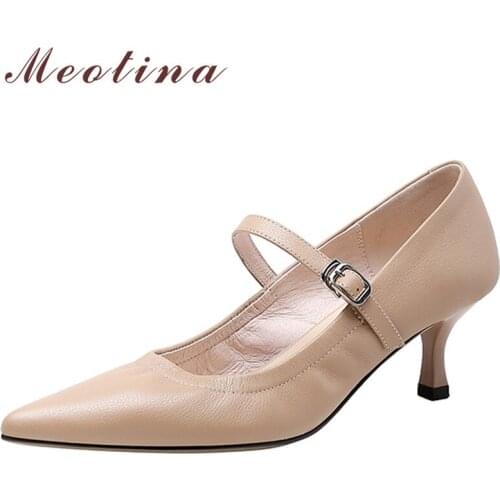 Meotina Pointed Toe High Heels Natural Genuine Leather Mary Janes Shoes Women Pumps Buckle Stiletto Heel Female Footwear Apricot