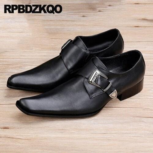 Men Dress Shoes With Buckled Genuine Leather Black 46 Formal Custom Big Size Wedding High Heel Business Pointed Toe Monk Strap