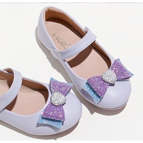 Princess Girls Sparkling Rhinestone Bow Shoes Girls Party Dance Shoe Student Flats Elsa Kids Velcro Performance Leather Shoes