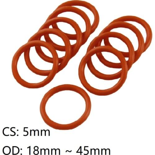 10pcs Thickness CS 5mm OD 18~45mm Silicone O Ring Gasket Food Grade Waterproof Washer Rubber Insulated Round O Shape Seal Red