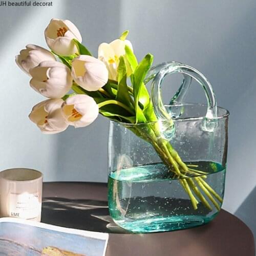 Glass Bag Vase Household Shopping Basket Simple Dried Flower Flower Arrangement Accessories Living Room Hydroponic Vase Crafts