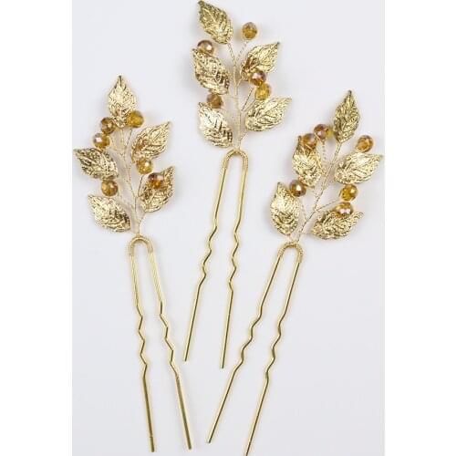Vintage Golden Leaves Hairpins Handmade Headpieces Women Hair Jewelry Tiaras Wedding Bridal Hair Accessories 3PCS Hair Clips