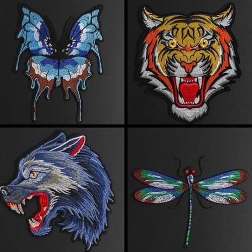 Tiger Wolf Dragonfly Patches for Clothing Full Colorful Butterfly Embroidered Appliques Sew on Badges Stripes Stickers Clothes