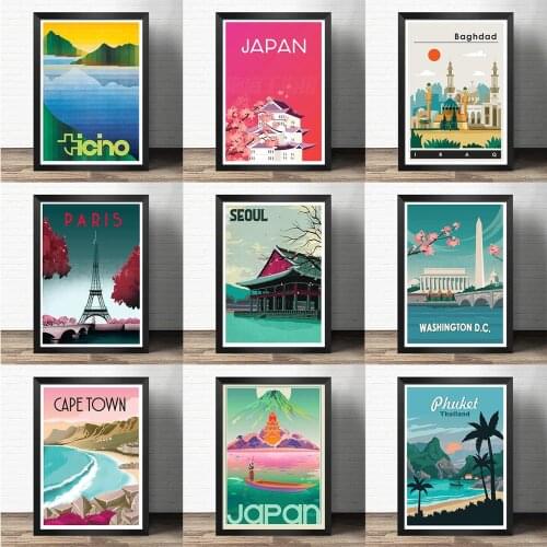 South Korea Japan Europe Paris Travel Paintings Vintage Wall Kraft Posters Coated Wall Stickers Home Decoration Gift